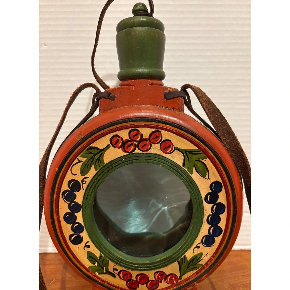Vintage Hand Painted Wooden Canteen Glass Window Folk Art Berry Leather Strap